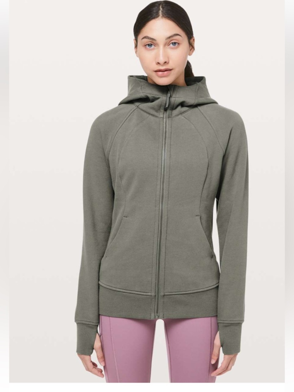 Lululemon Green Cotton Fleece Scuba Full Zip Hoodie Sweatshirt Top Sz. 10